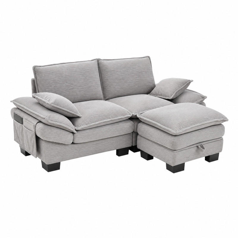 SOFA 2-Sitzer mit Hocker 190 x 132 x 84 cm Corduroy Light Gray - Hellgrau, Kunststoff (132/190.1cm) - Meubliv