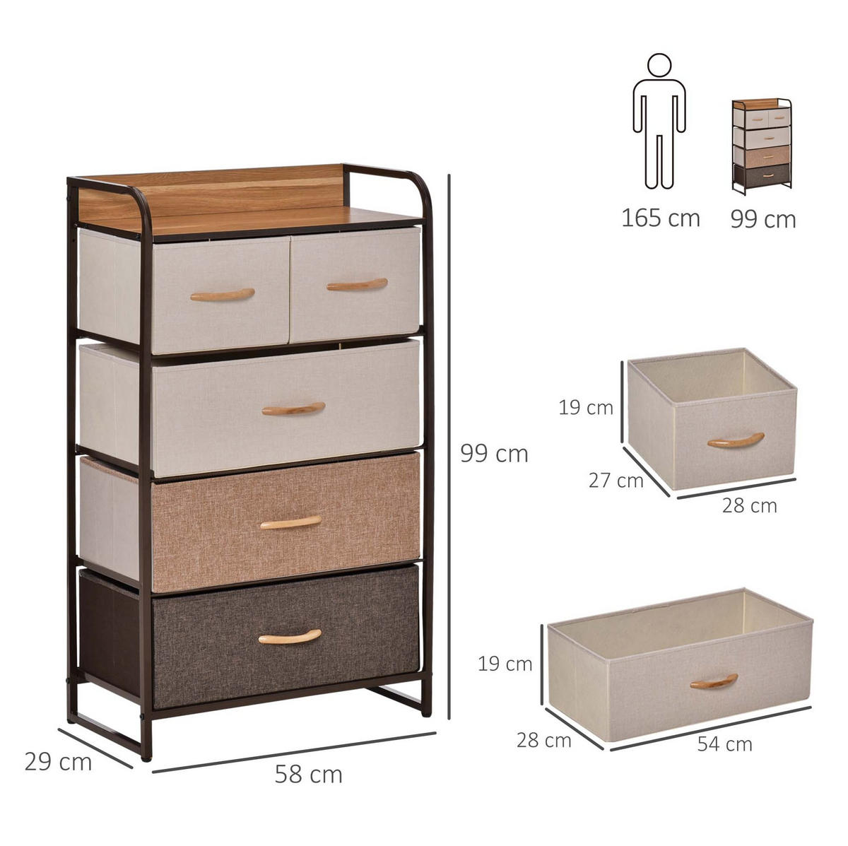 KOMMODE aus Leinen, Stahl und MDF 58x29x99 cm Mehrfarbig mit 5 Stoffschubladen, Kippschutz und verstellbaren Füßen - Weiß, Textil (58/99/29cm) - Modfu