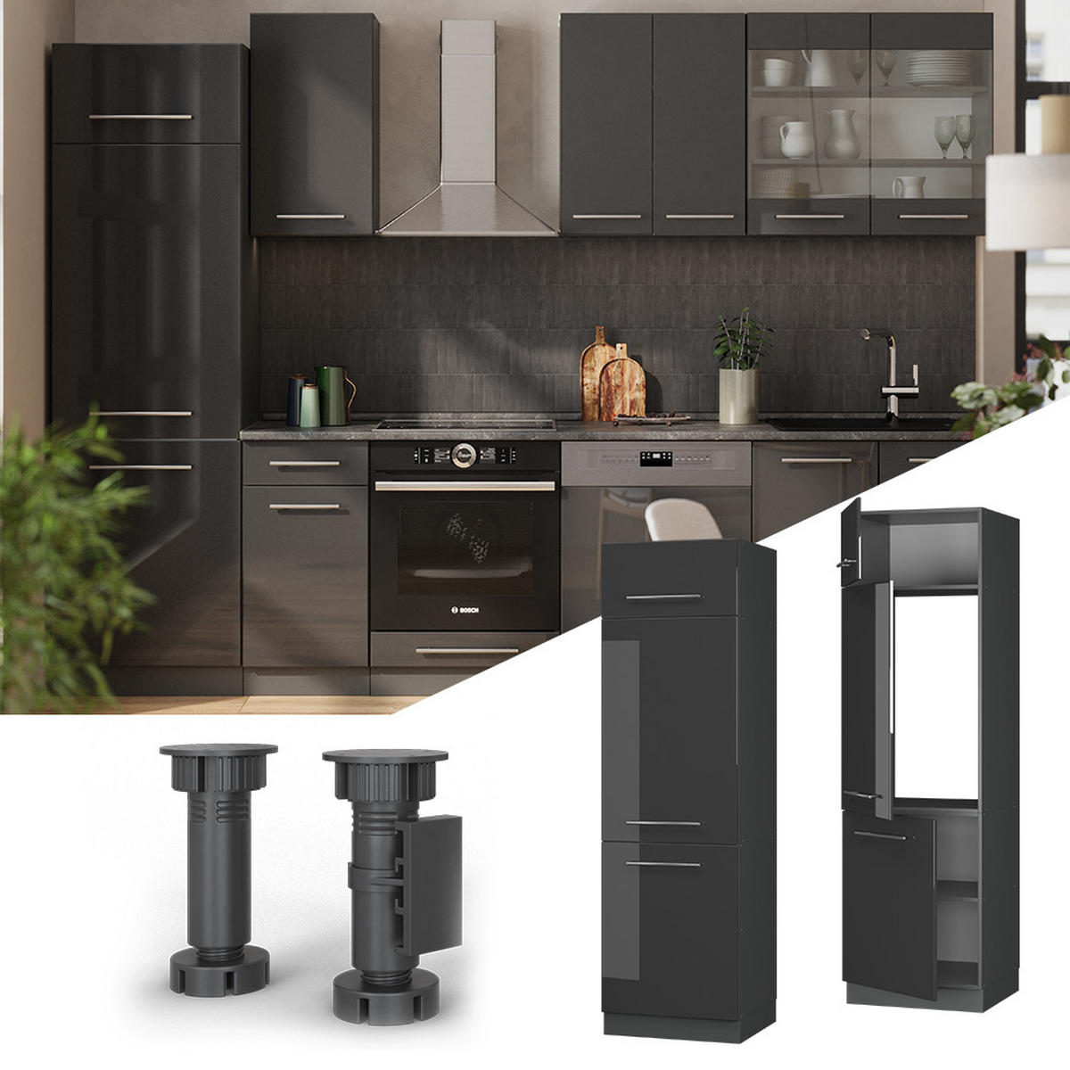 SKŘÍŇKA NA LEDNICI Fame-Line Antracitový vysoký lesk - antracitová/vysoce lesklá černá, kompozitní dřevo (60/206.8/58.1cm) - Vicco