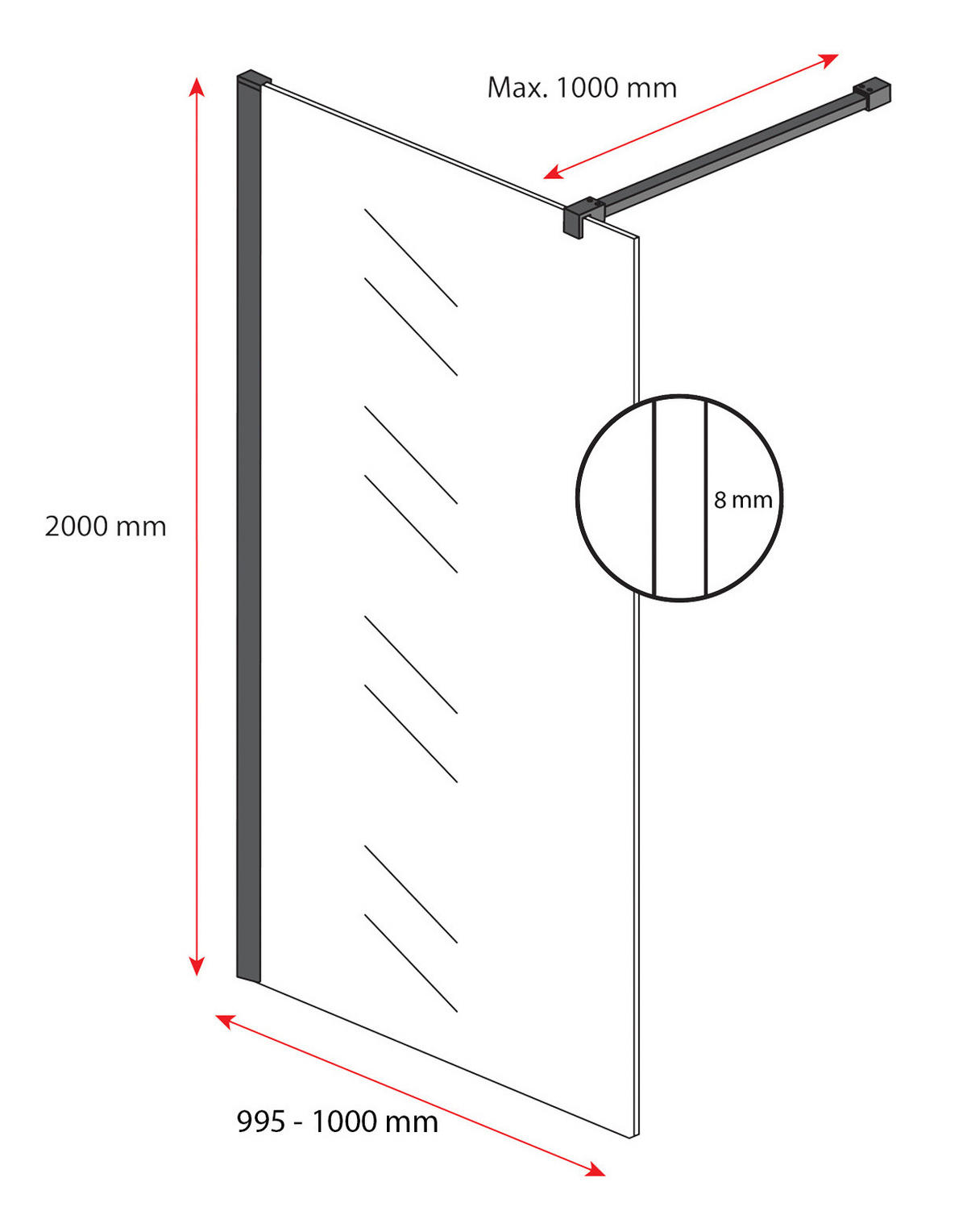DUSCHWAND Florida - 100 x 200 cm - Schwarz - Walk-In Duschabtrennung aus Sicherheitsglas - Schwarz, Glas (100/200cm) - Badplaats