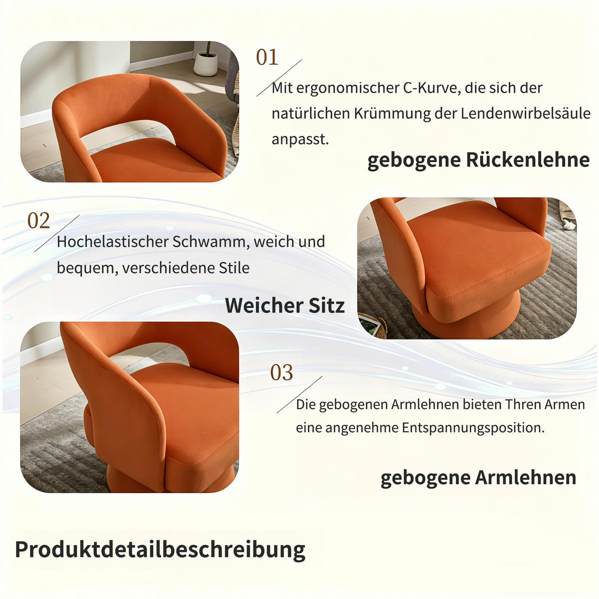SESSEL Chenille Orange drehbar - Orange, Holzwerkstoff/Textil (68/75/66cm) - WISHDOR