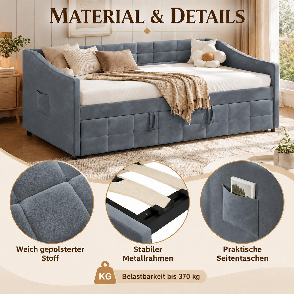SCHLAFSOFA mit Ausziehfunktion und Stauraum, Polstersofa - Grau, Metall (193.5/75/215cm) - Joyfair