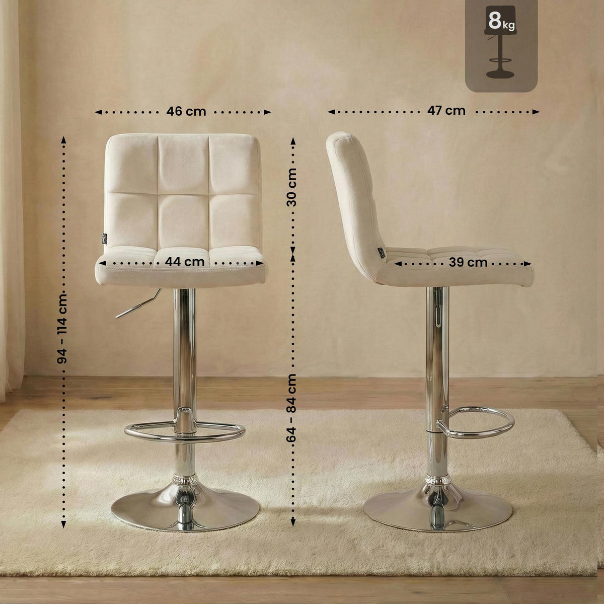 BARHOCKER Samt Creme - Chromfarben/Creme, Textil/Metall (46/94/47cm) - CLP