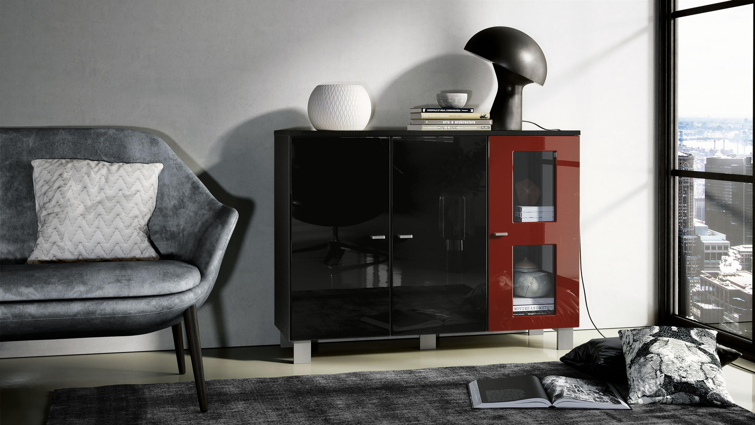 SIDEBOARD Denjo Tür in Bordeaux Hochglanz - Bordeaux, Holzwerkstoff (107/81/35cm) - Vladon