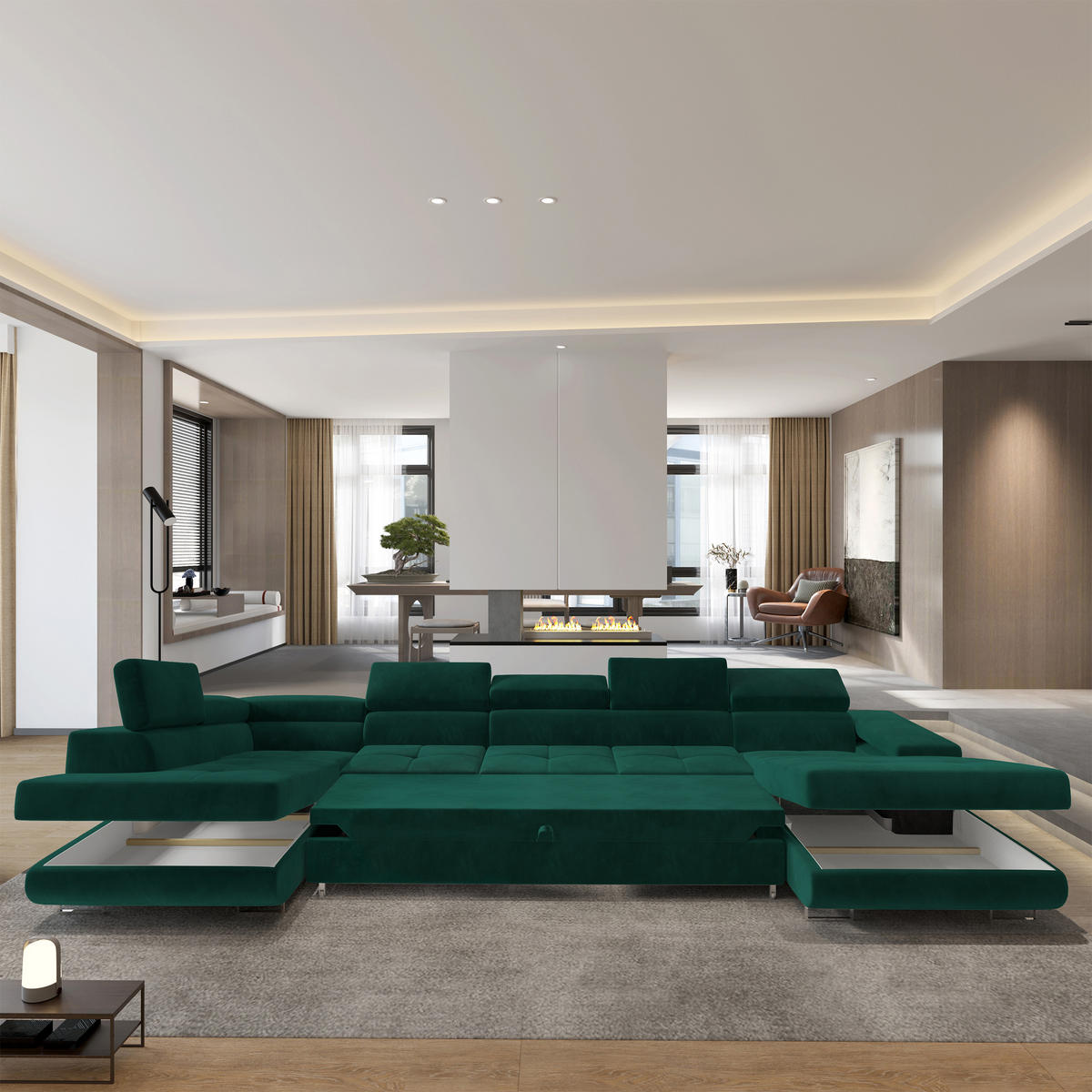 WOHNLANDSCHAFT TORIVA L-S Grün Velours-Stoff mit Schlaffunktion - Grün, Holz (418/90/202cm) - MASSENO