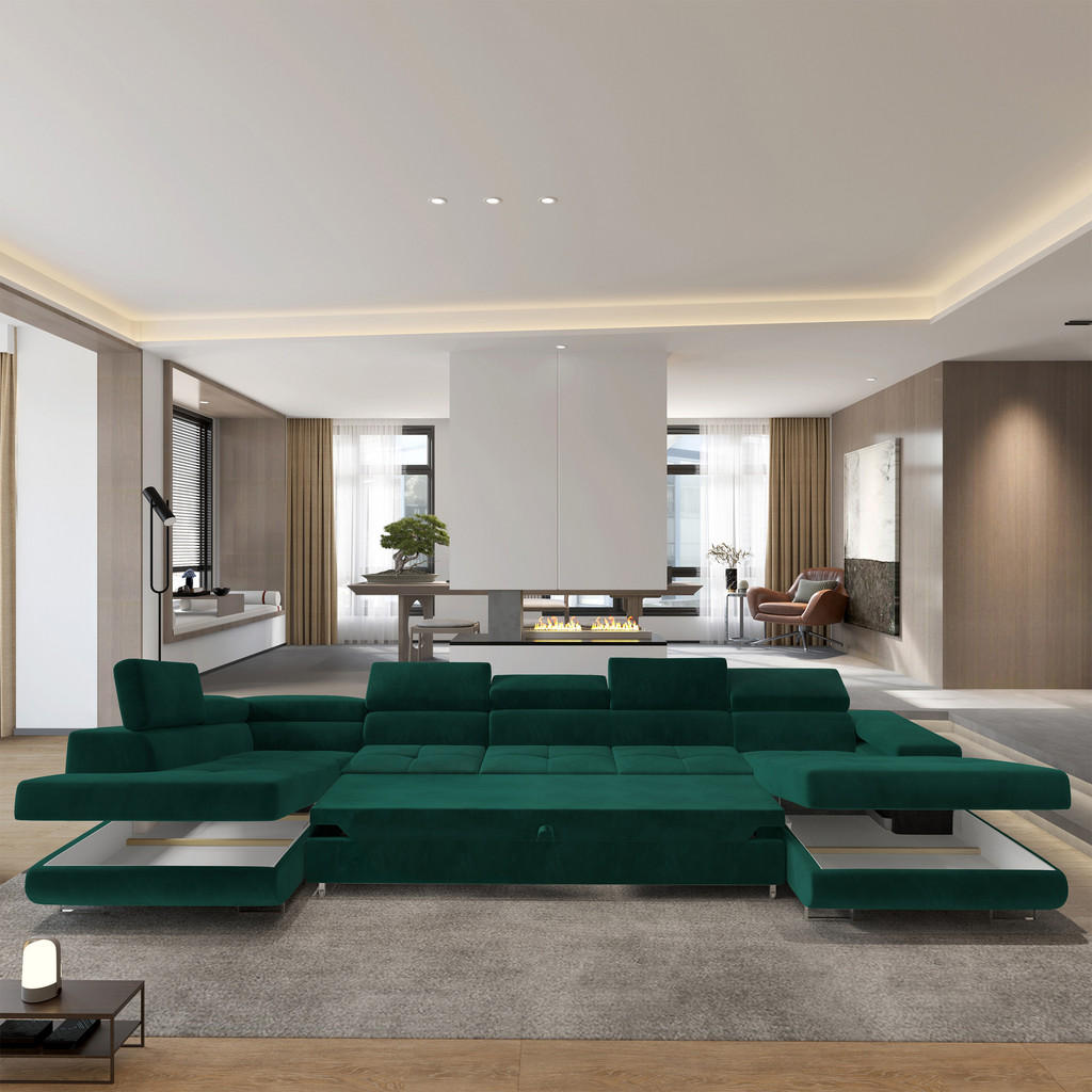 Thumbnail - Masseno Wohnlandschaft, Grün, Holz, 6-Sitzer, U-Form, 418x90x202 cm, Wohnzimmer, Sofas & Couches, Wohnlandschaften, Wohn...