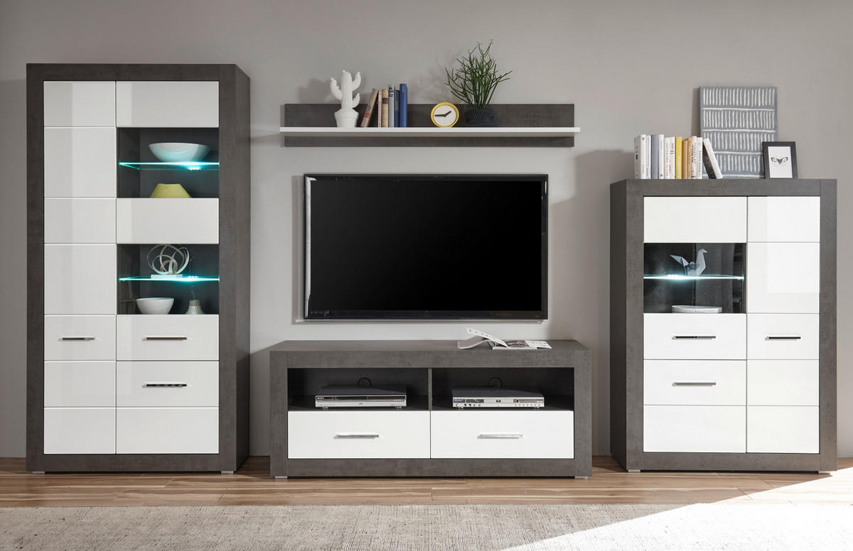 WOHNWAND weiß Hochglanz, grau Stone 4-teilig 370 x 198 cm, Wohnkombination mit viel Stauraum - Chromfarben/Weiß Hochglanz, Glas/Holzwerkstoff (370/198/45cm) - Furn.Design