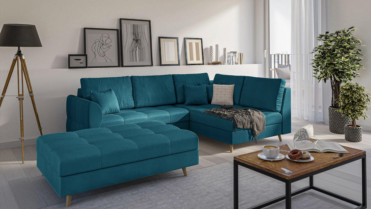 ECKSOFA MIT HOCKER Lorine Mikrofaser Blau - Blau/Hellbraun, Buchenholz/Textil (231/161cm) - S-Style Möbel