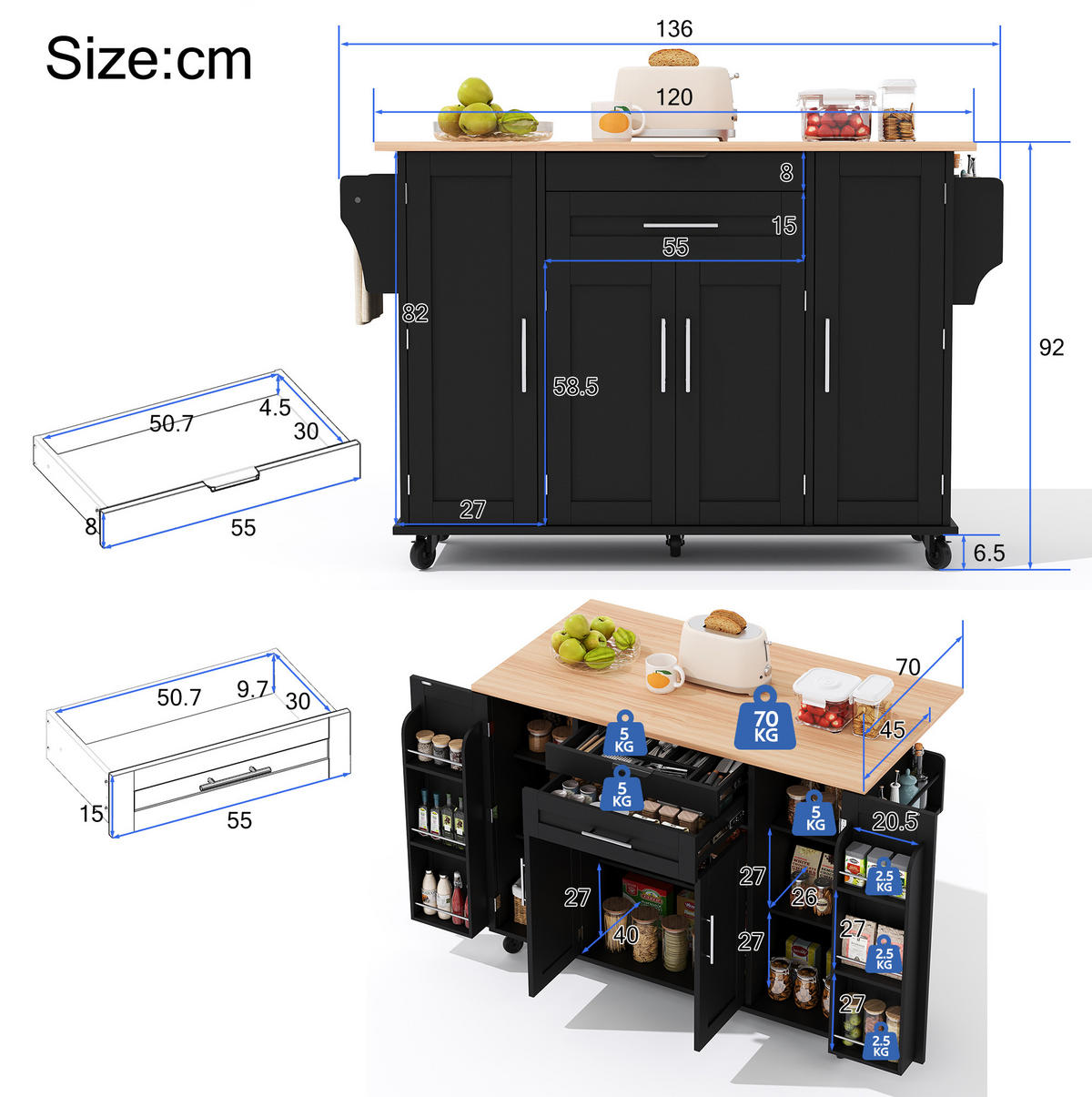 KÜCHENINSEL 136/92/70 cm Schwarz/Natur aus MDF mit ausziehbarer Arbeitsplatte - Schwarz, Holzwerkstoff (70/92/136cm) - OKMYHOME