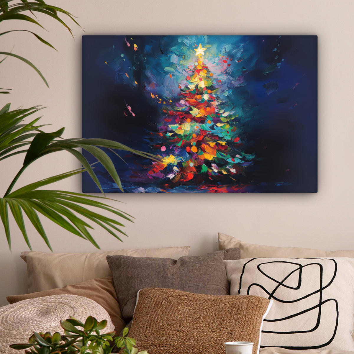 LEINWANDBILD Weihnachtsbaum - Weihnachten - Abstrakt - Farbenfroh Wanddeko 90x60 cm - Multicolor, Textil (90/60cm) - MuchoWow