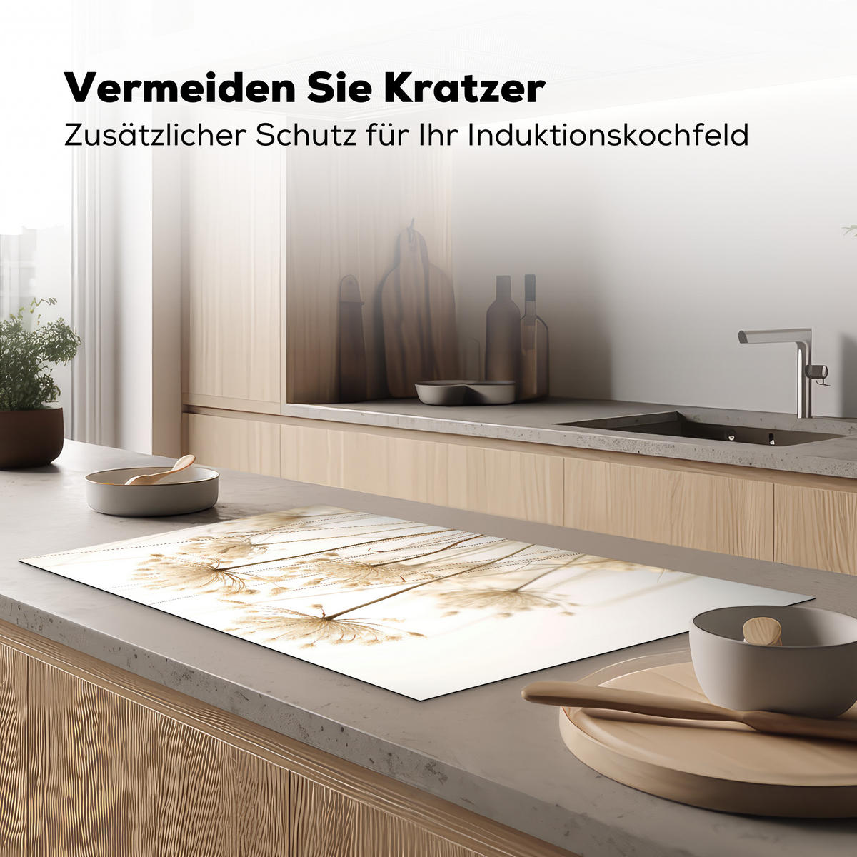 HERDABDECKPLATTE Blumen - Weiß - Sonnenlicht Induktionsschutz 89.6x51.6 cm - Ecru, Kunststoff (89.6/51.6/0.2cm) - MuchoWow