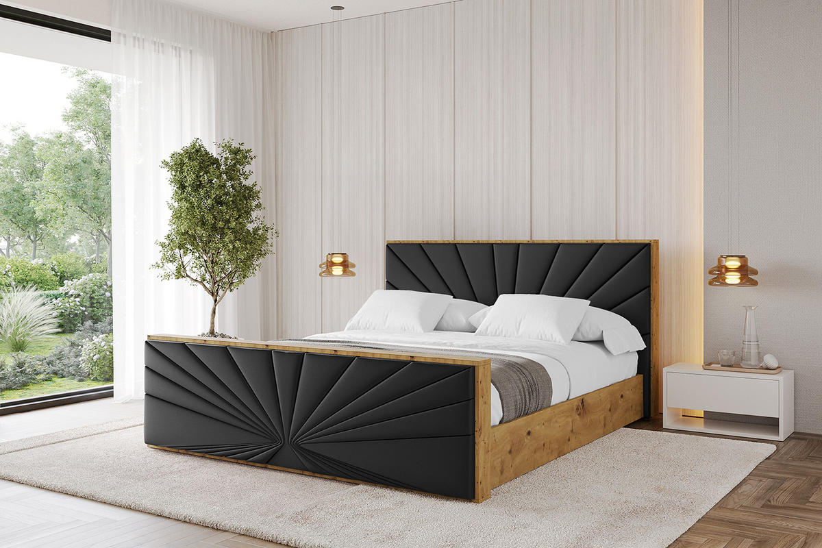 POLSTERBETT mit Bettkasten, Fußteil und Lattenrost, Boxbett mit Matratze H3/H4 - ENZO6-Z 200x200 Schwarz Kunstleder - Schwarz Hochglanz, Holzwerkstoff/Textil (200/200cm) - ALTDECOR