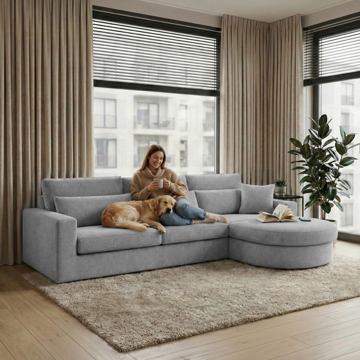 ECKSOFA Pablo ohne Schlaffunktion, mit abgerundeter Ottomane, rechts, Hellgrau, Velourstoff - Grau, Textil (319/196cm) - Beautysofa