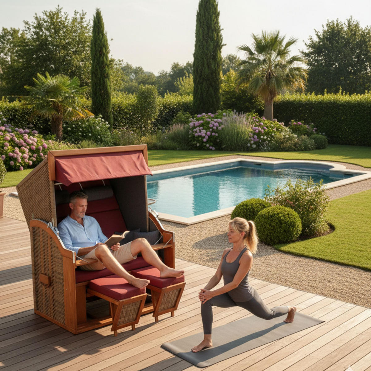 STRANDKORB Tinnum 2 Sitzer Pinie PE griseum - Rot/Braun, Metall (115/38/92cm) - Mr. Deko