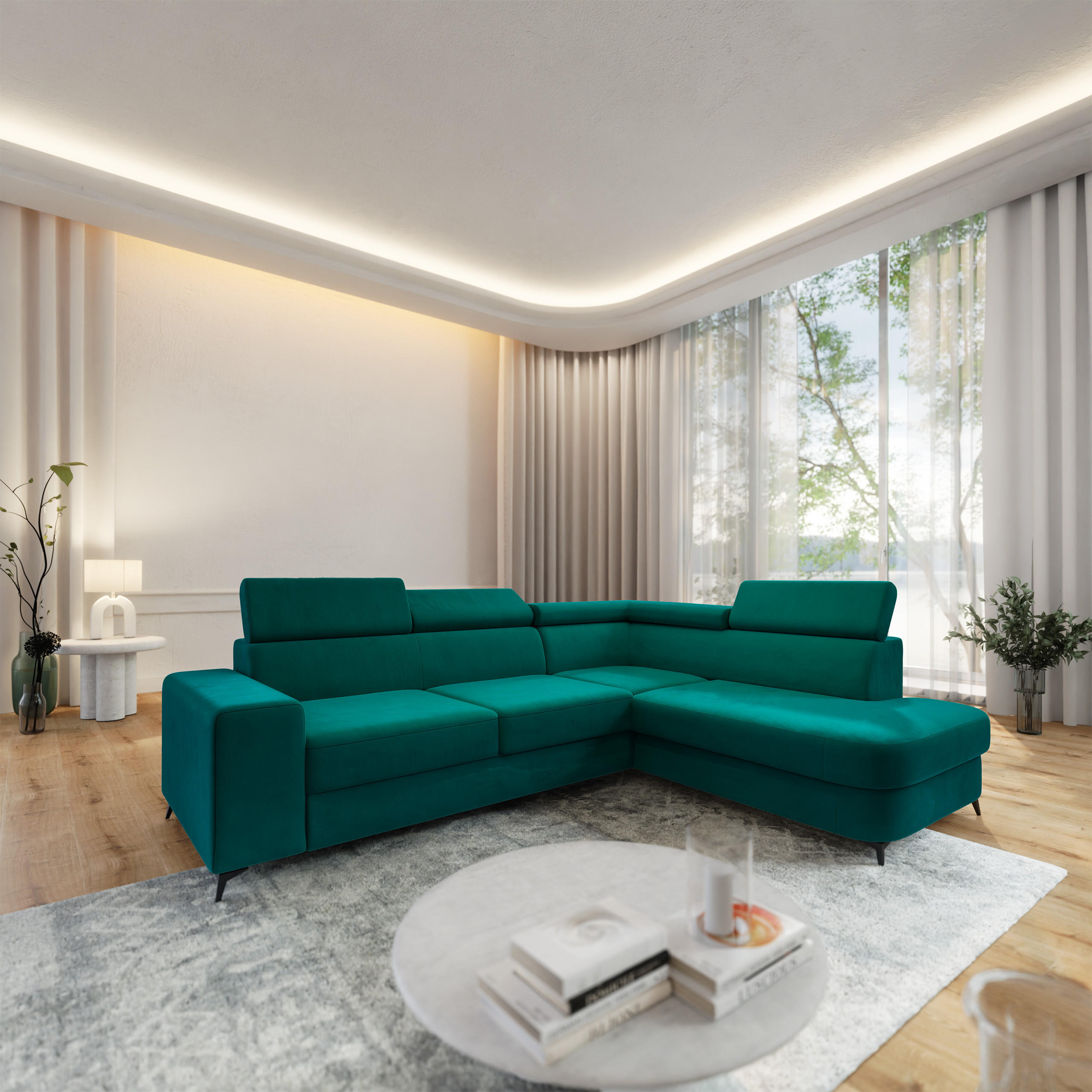 ECKSOFA ALVORO R-S Blau Velours-Stoff mit Schlaffunktion - Smaragdgrün, Holz (253/190cm) - MASSENO