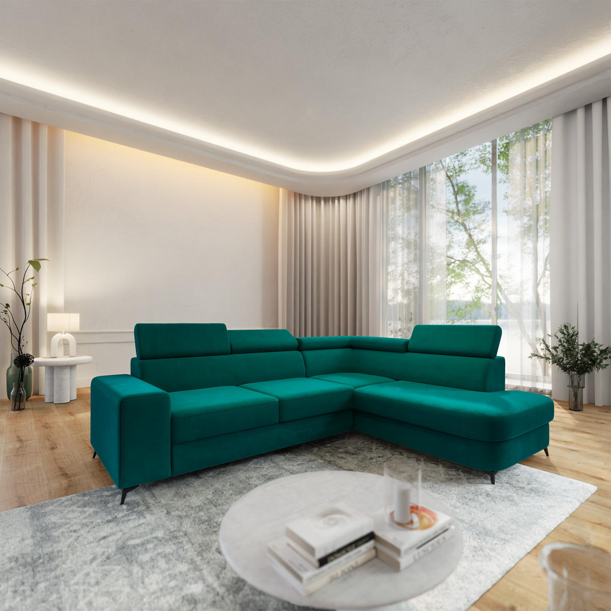 ECKSOFA ALVORO R-S Blau Velours-Stoff mit Schlaffunktion - Smaragdgrün, Holz (253/190cm) - MASSENO