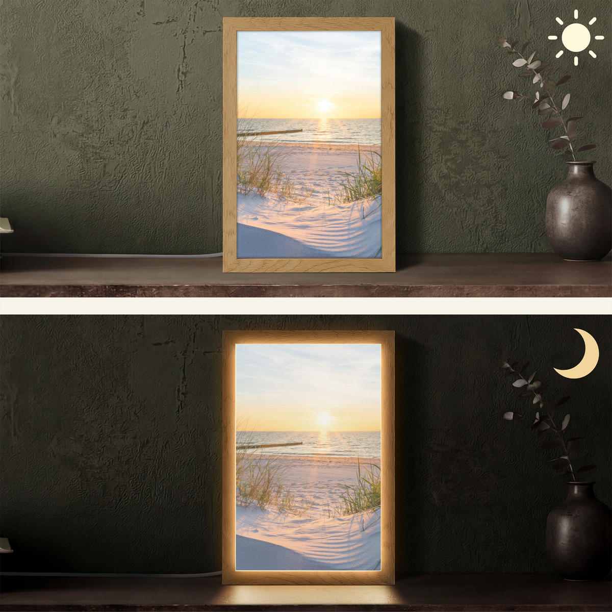 STOLNÍ LAMPA Pláž - Slunce - Duna - Tráva - Písek - Horizont 20x30 cm - koňaková, kompozitní dřevo (8/20/30cm) - OnlyWow