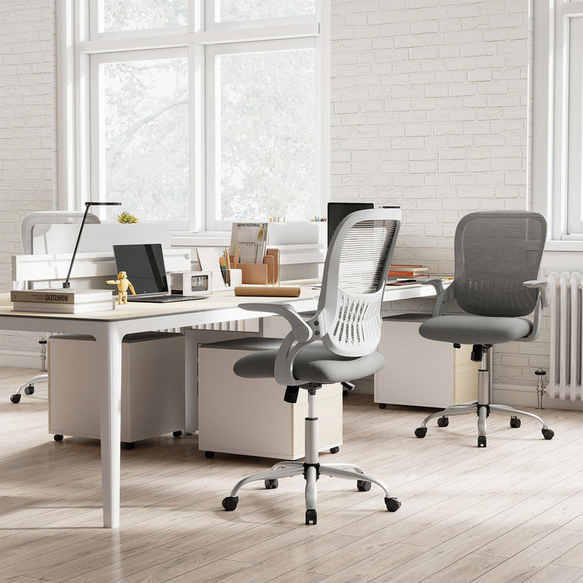 BÜROSTUHL mit klappbaren Armlehnen und Wippfunktion grau - Grau, Metall (63.5/97/58cm) - COSTWAY