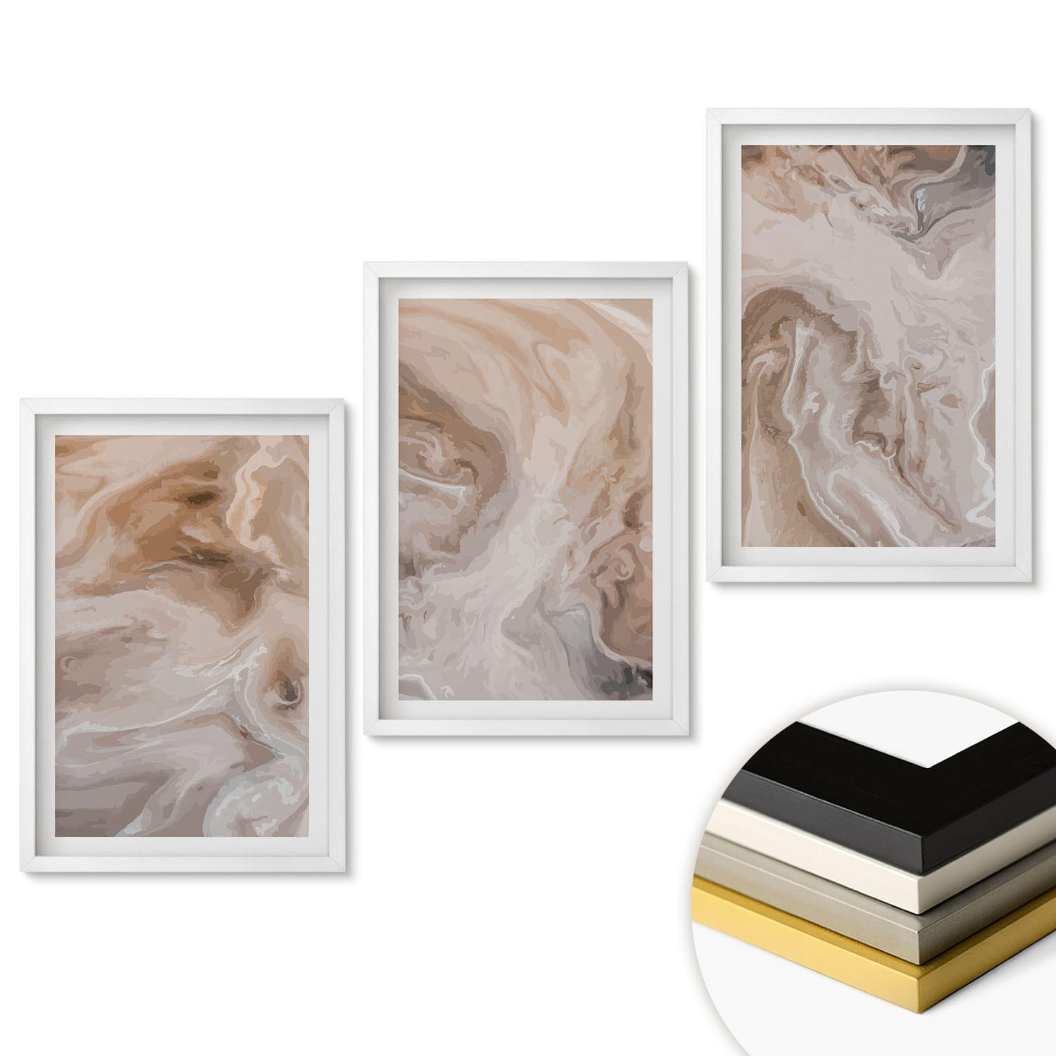 WANDBILDER 3er-Set - 40x60 cm Weißer Rahmen - abstrakte Marmortexturen - Weiß, Kunststoff (40/60cm) - ArtPrintCave