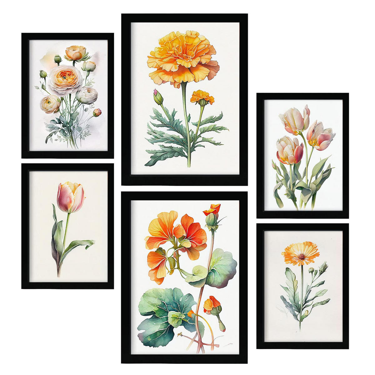 POSTER Set Mit 6 Orangenblüte Größe A3 & A4 Schwarzer Rahmen - Schwarz, Papier (29.7/1cm) - Nacnic