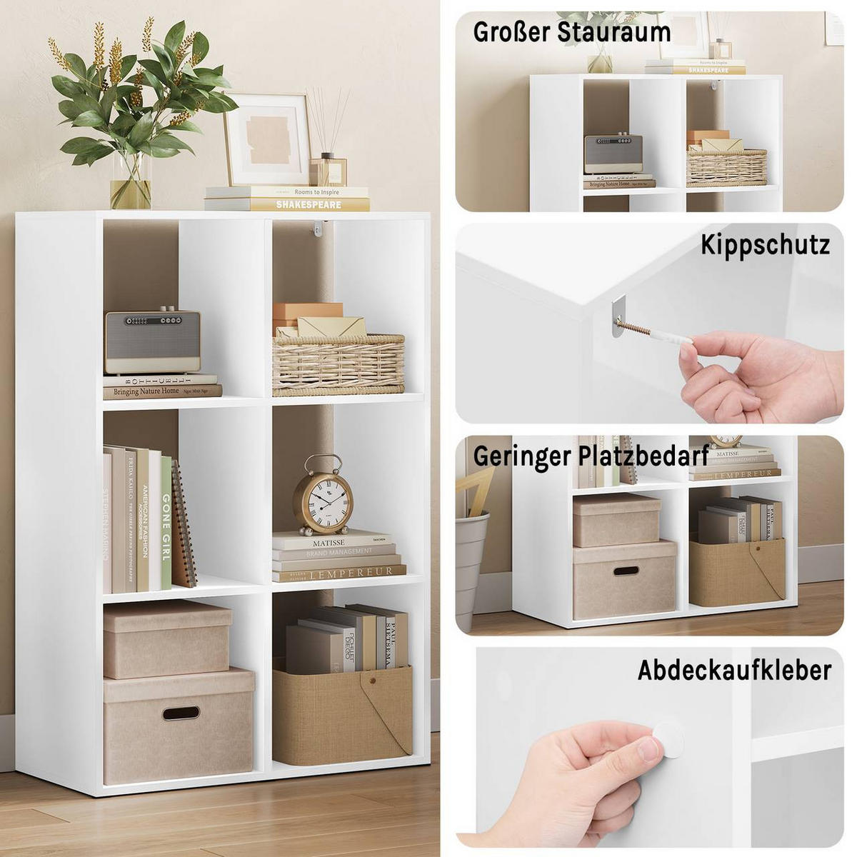 REGALE Bücherregal mit 6 Würfeln, 60x89,5x29 cm, Weiß - Weiß, Holzwerkstoff/Kunststoff (60/89.5/29cm) - Woltu