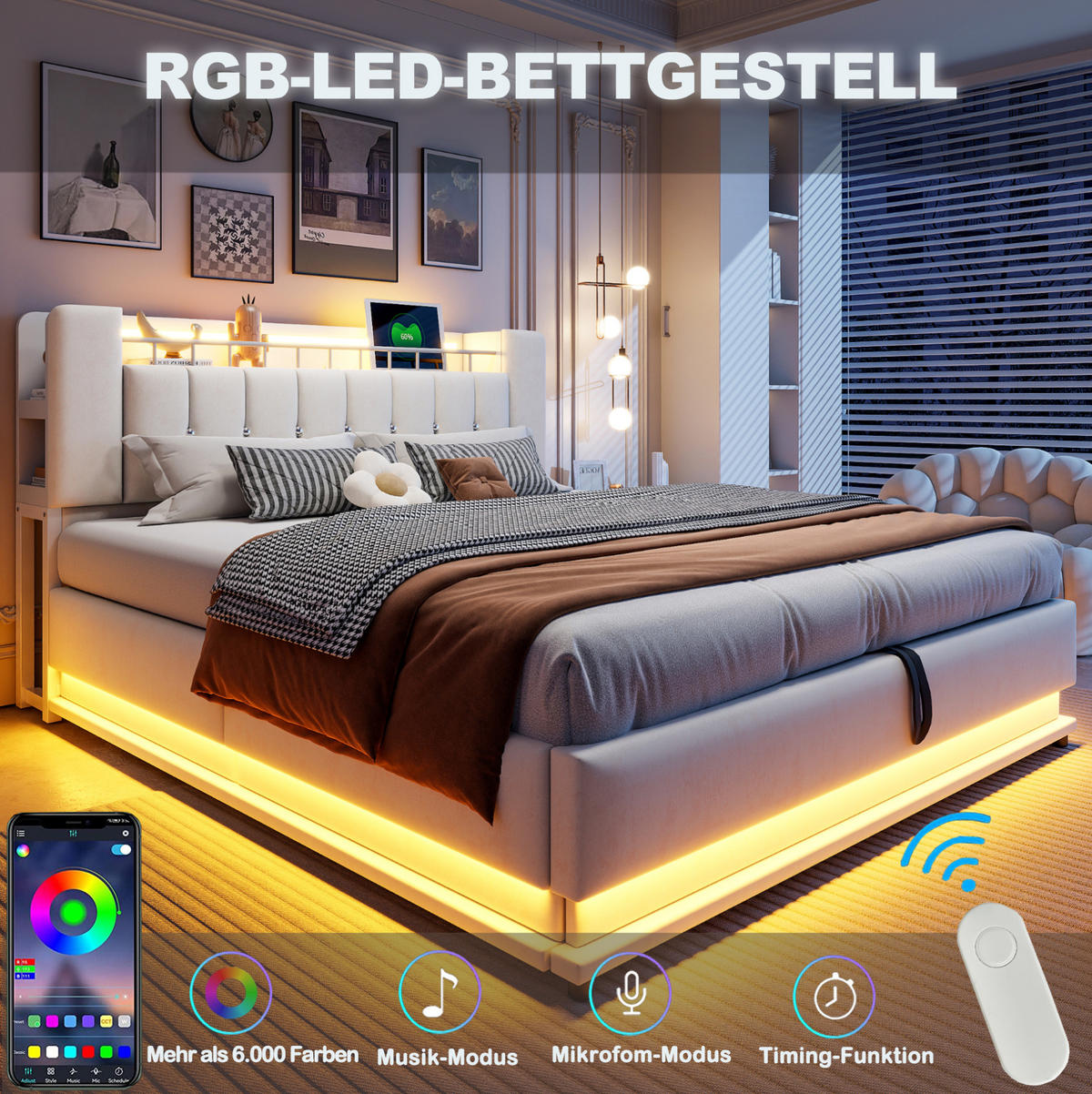 POLSTERBETT 180/200 cm Beige mit LED, USB-Anschlüssen und Stauraum - Beige, Textil (180/200cm) - Flora Grace