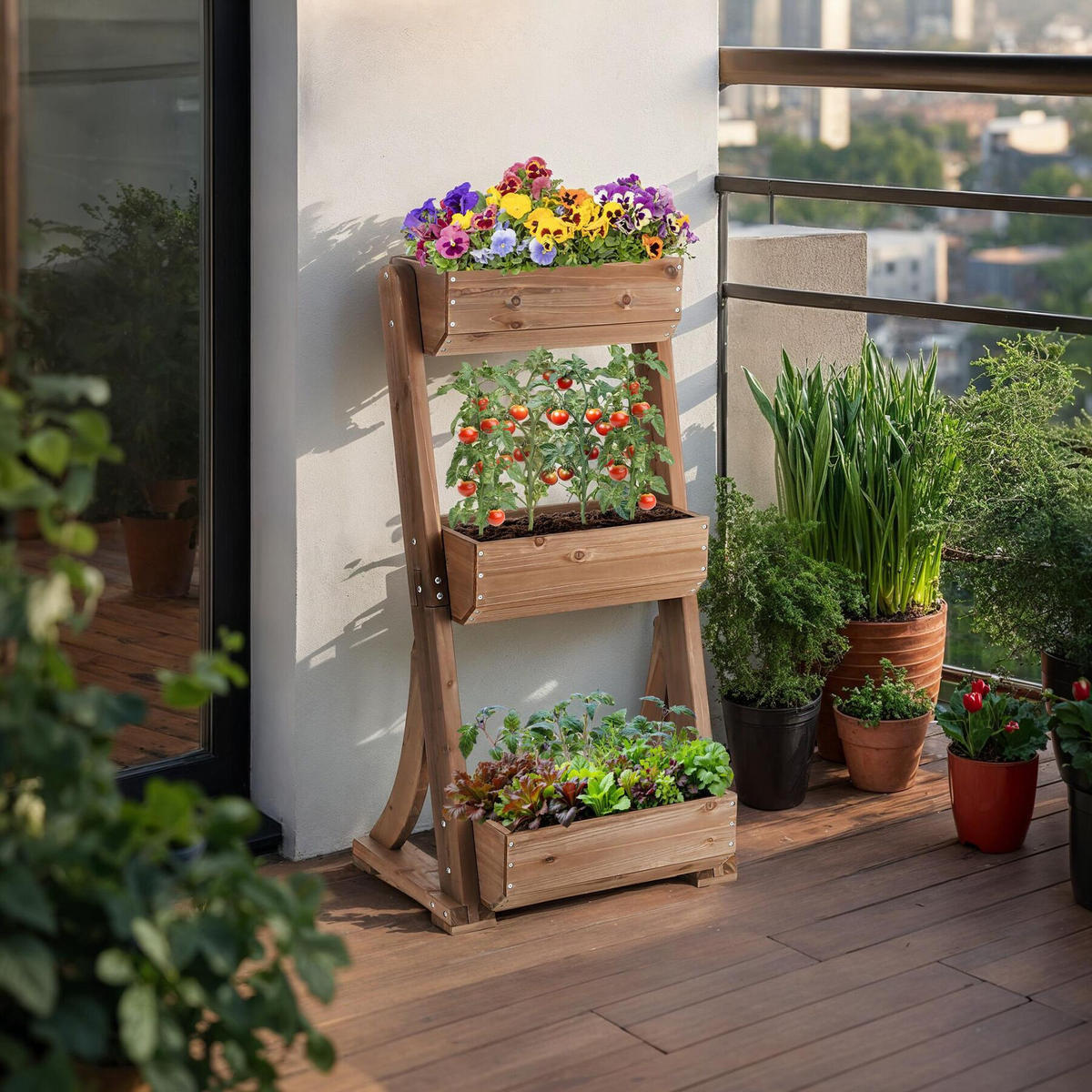 VERTIKALBEET Flora,inklusive Pflanzvlies, 60 x 49 x 140 cm,braun - Braun, Holz (60/140/49cm) - tectake