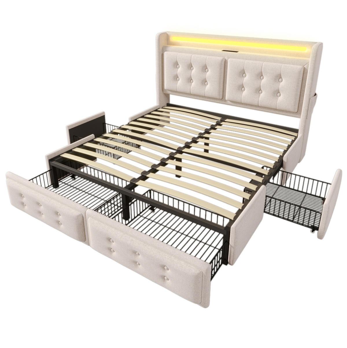 BETT mit LED, USB-C und 4 Schubladen 140x200 cm Beige - Beige, Metall (140/200cm) - Meubliv
