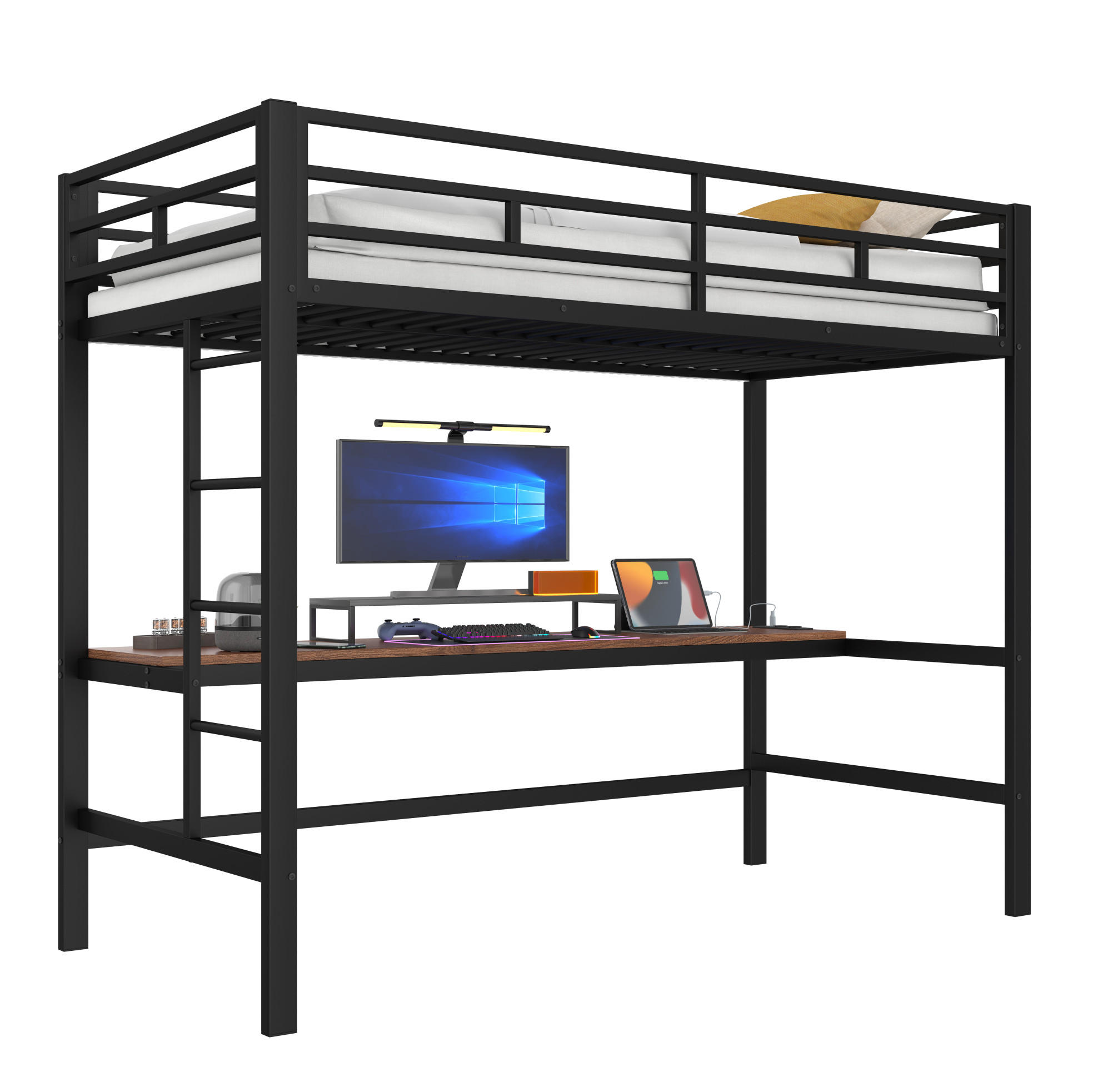 HOCHBETT 90/200 cm mit LED, USB und Tisch ohne Matratze - Schwarz, Metall (90/200cm) - MIVRAY