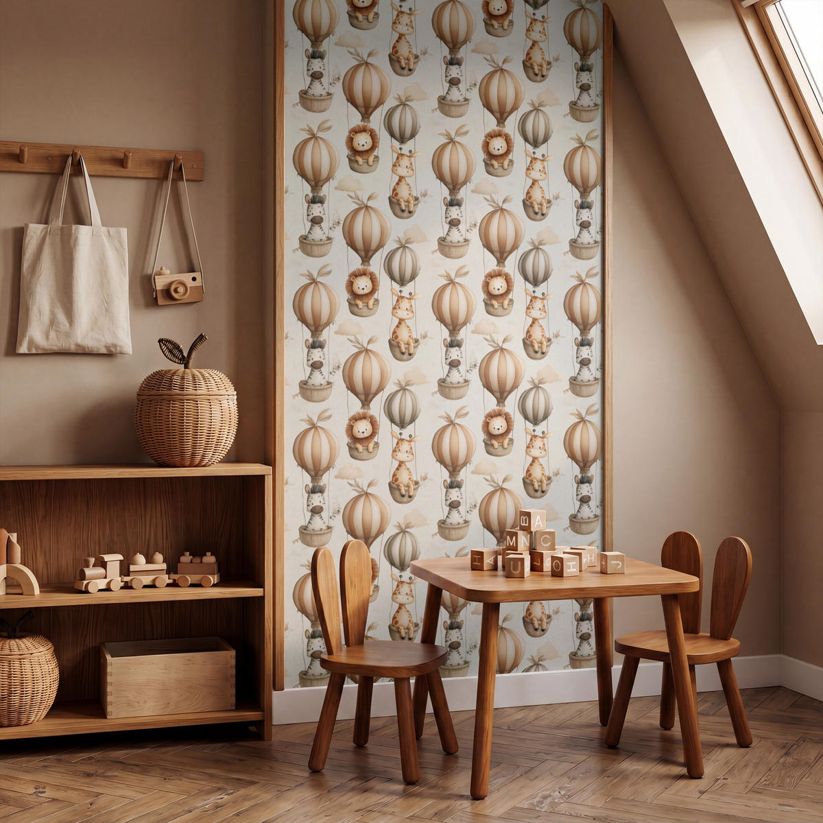 KINDERTAPETE - Safari - Heißluftballons - Taupe - 100x200 cm - Beige, Papier (100/200cm) - OnlyWow