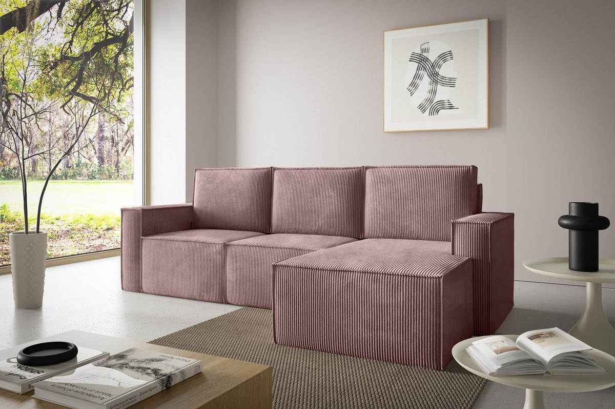 ECKSOFA Orto Rosa, Dreisitzer Kordecksofa rechte seite - Rosa, Holzwerkstoff/Textil (180/142cm) - Bettso