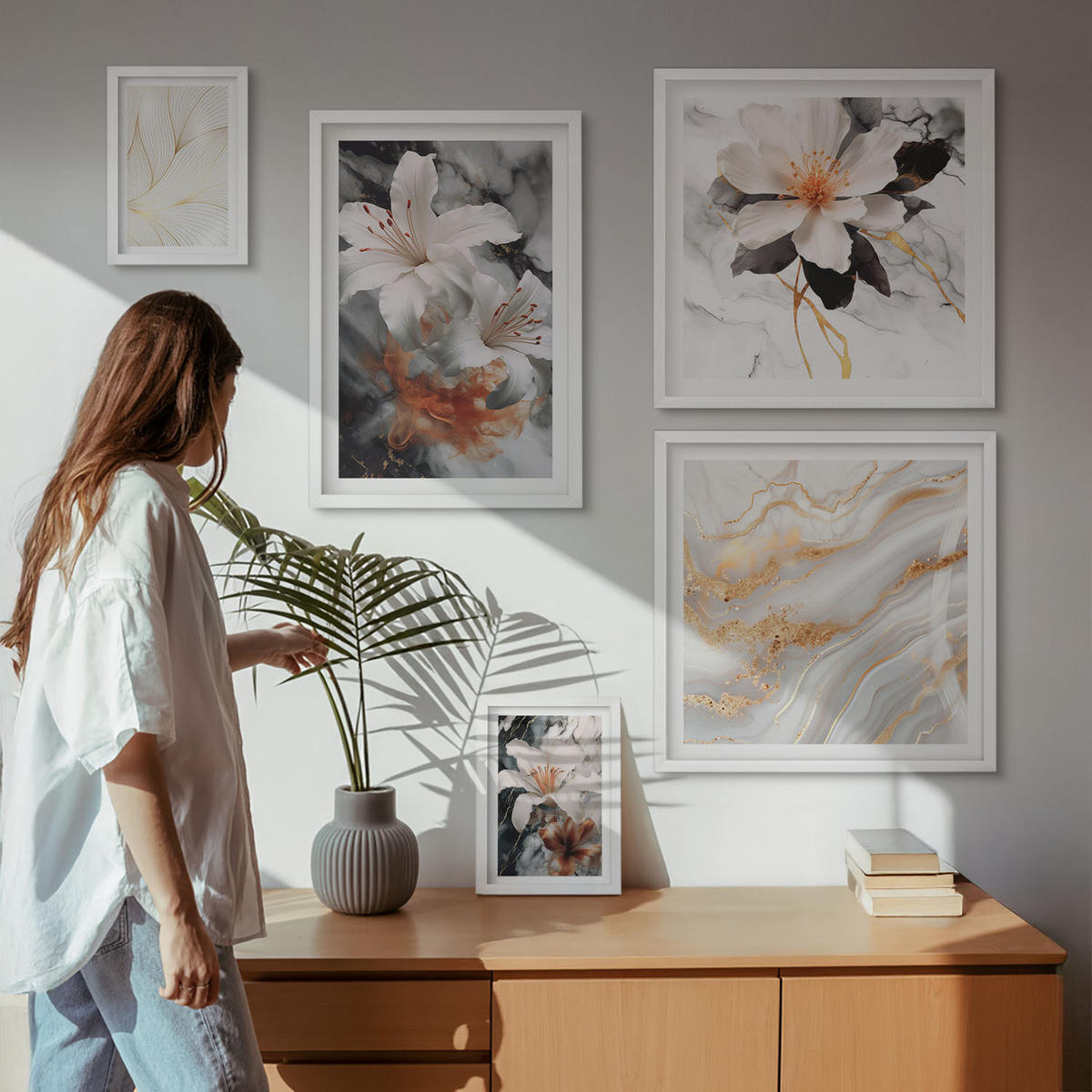 WANDBILDER 5er-Set - 50x50 cm & 20x30 cm & 40x60 cm Weißer Rahmen - Blumen Marmor weiß schwarz - Weiß, Kunststoff (40/60cm) - ArtPrintCave