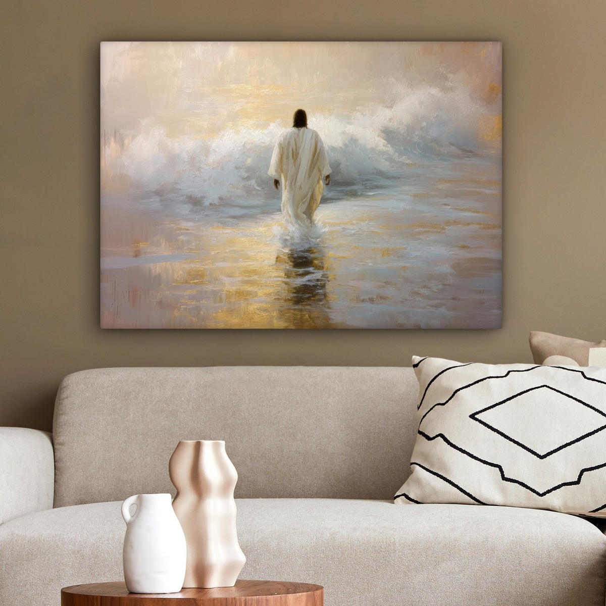 LEINWANDBILD Gemälde - Welle - Jesus - Abstrakt Wandbilder 80x60 cm - Goldfarben, Textil (80/60cm) - MuchoWow