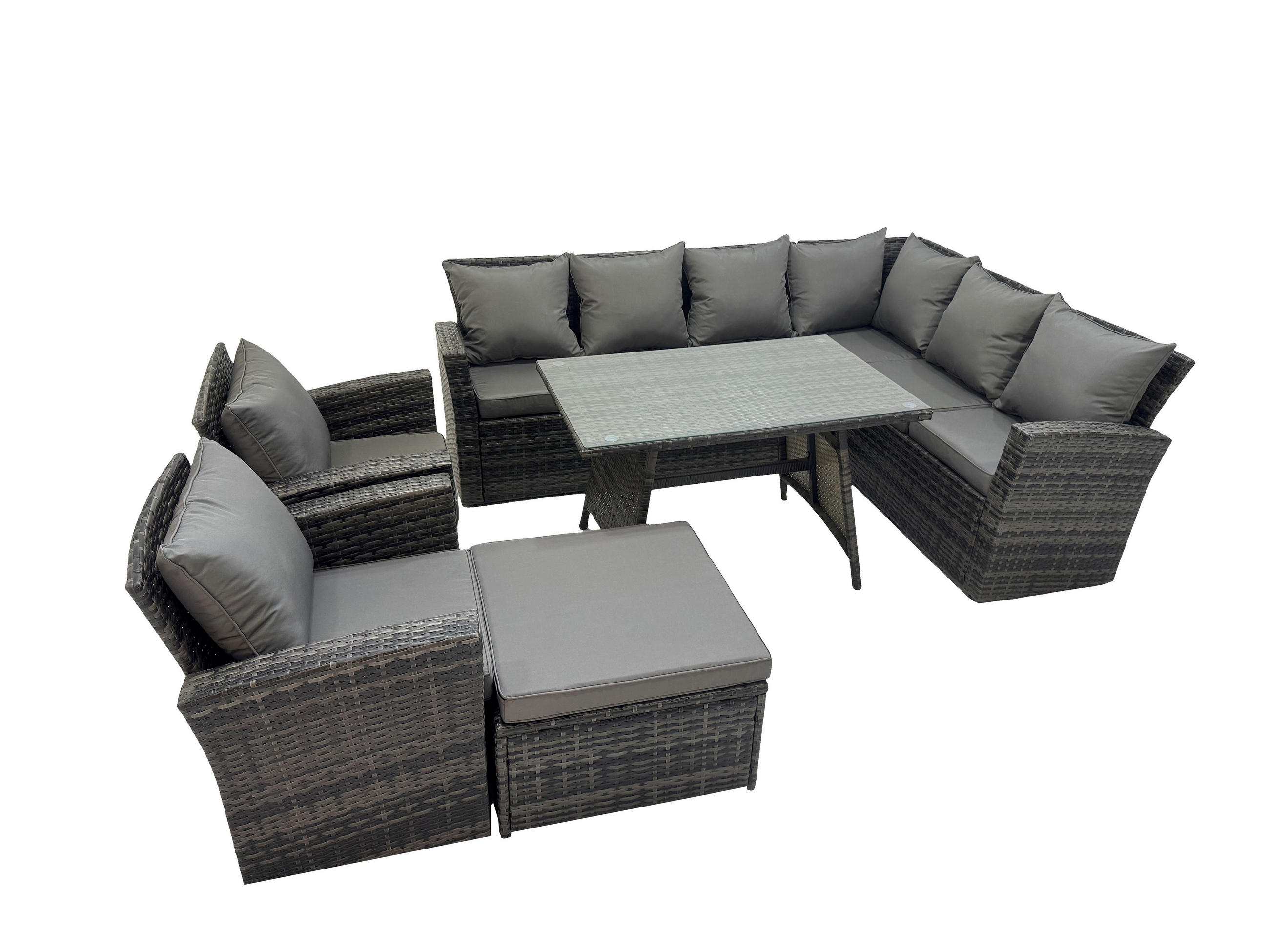 LOUNGEMÖBEL-SETS mit Esstisch Sofa Polyrattan Dunkelgrau 9-Sitzer - Dunkelgrau/Grau, Glas/Kunststoff - Fimous
