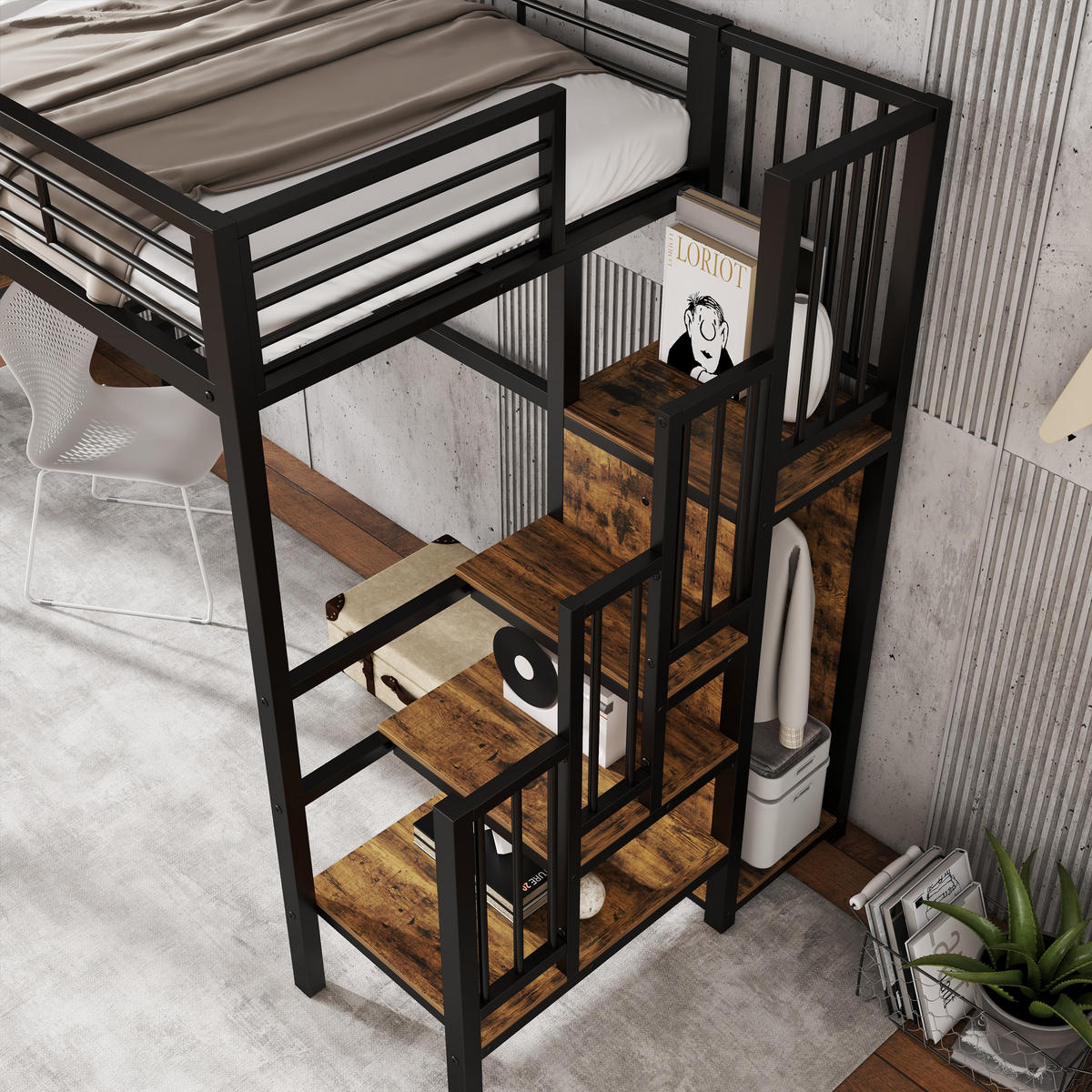 HOCHBETT 90/200 cm Schwarz mit Kleiderschrank und seitlicher Treppe aus Holz - Schwarz, Holzwerkstoff (90/200cm) - OKWISH