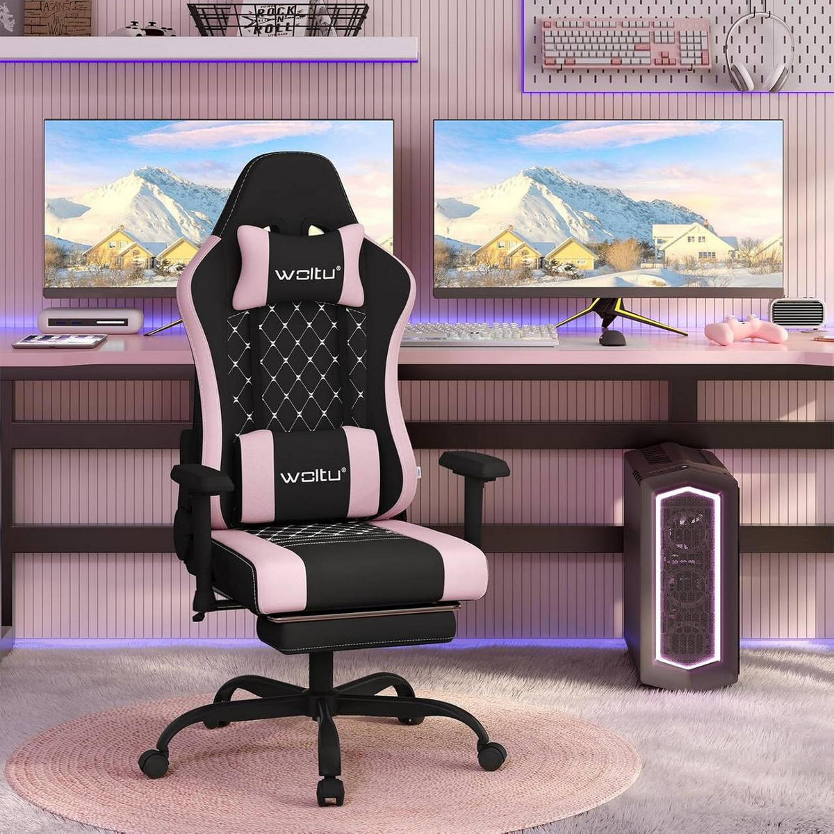 GAMINGSTUHL mit Lendenkissen, Massagefunktion, Schwarz+Rosa - Schwarz/Rosa, Textil/Metall (70/129/57.5cm) - Woltu