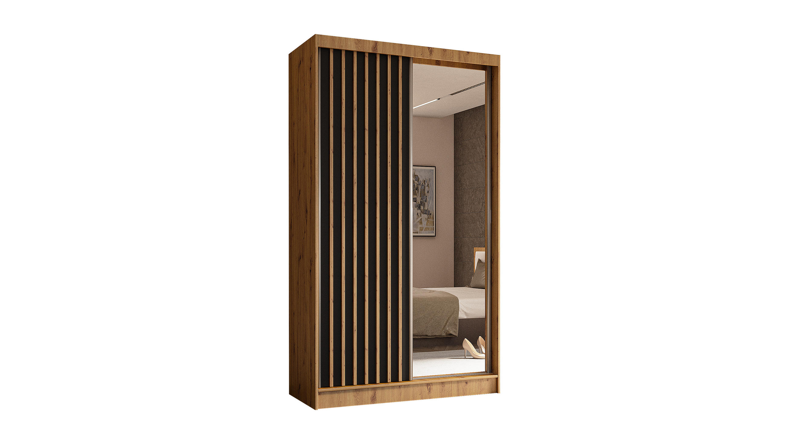 KLEIDERSCHRANK mit Spiegel-Schiebetüren und Aluminium-Leisten - LAMELO - 120 cm Artisan+Schwarz+Artisan - Braun, Holzwerkstoff (120/216/61cm) - ALTDECOR