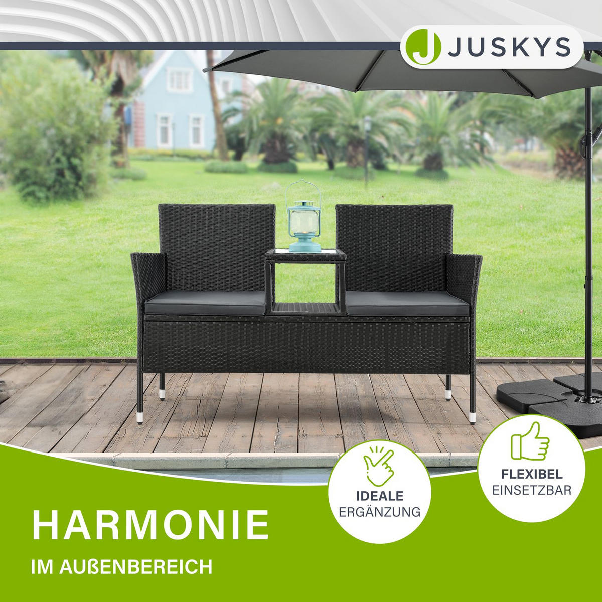 GARTENBANK Monaco grau-meliert - Schwarz, Kunststoff/Metall (133/84/63cm) - Juskys