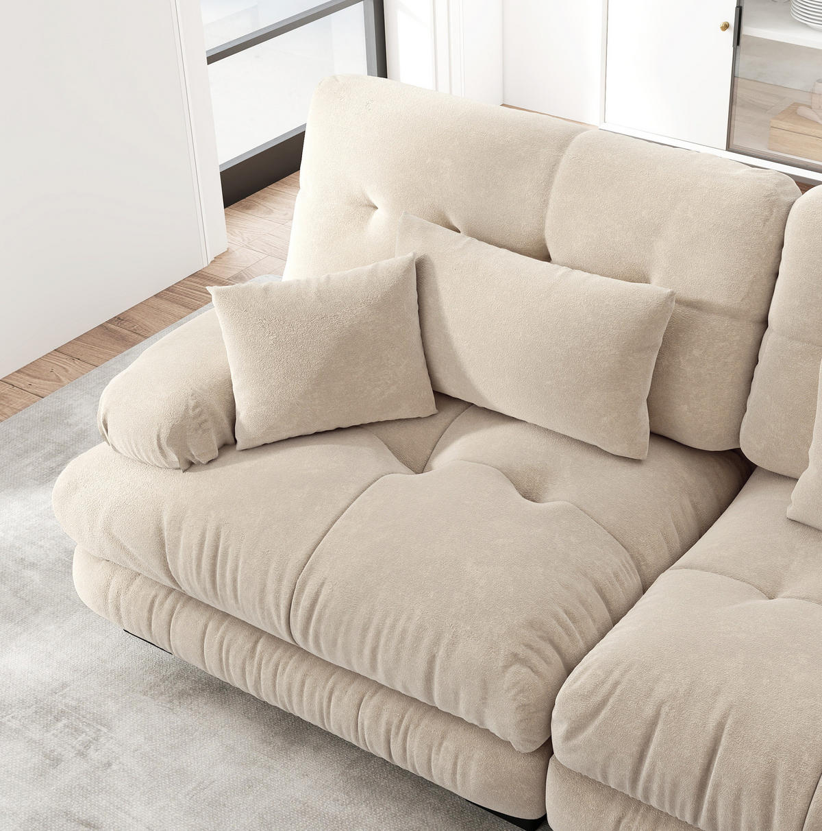 ECKSOFA modular mit beweglichen Ottomane, breiten Armlehnen und Kissen, Hellkaffee - Cappuccino, Textil (220/145cm) - Redom