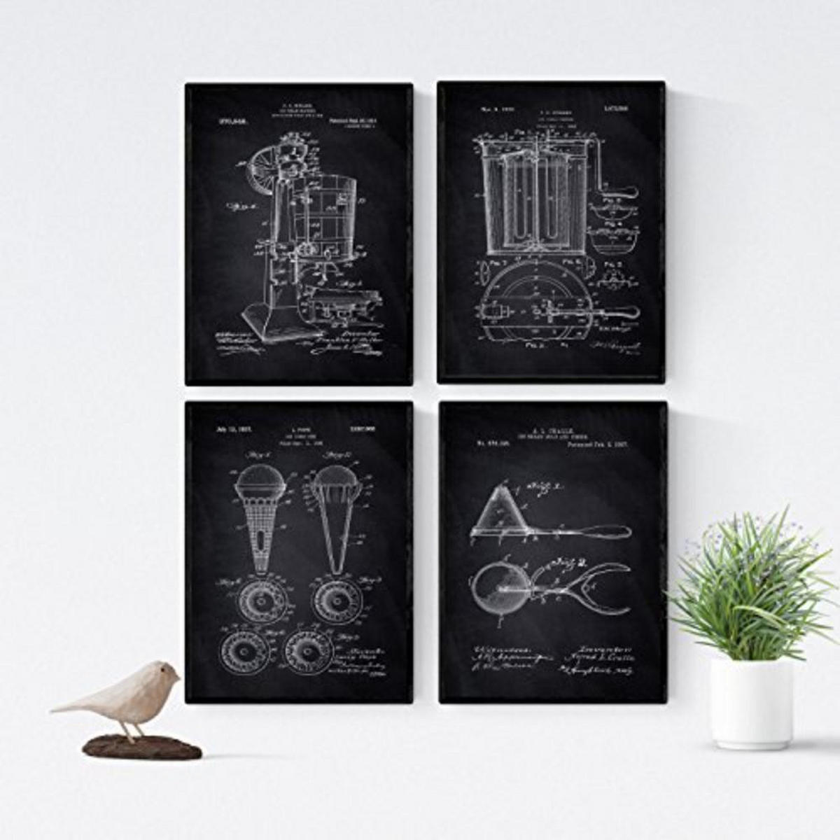 POSTER Set mit 4 Schwarz Eismaschine Patent A4 Schwarzer Rahmen - Schwarz, Papier (29.7/3cm) - Nacnic