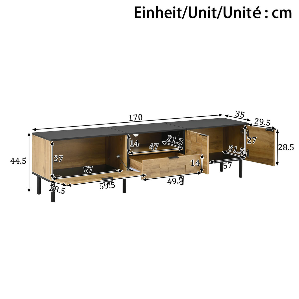 TV-LOWBOARD eiche-optik 170 cm breit mit schublade - Naturfarben, Holzwerkstoff (170/44.5/35cm) - Urban Meuble
