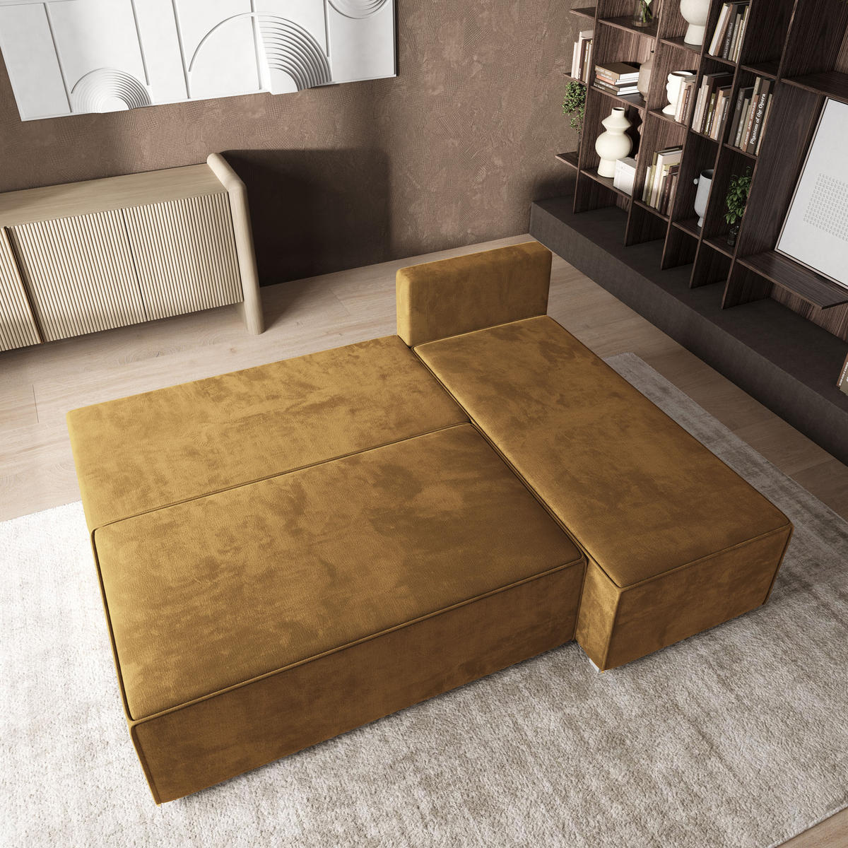 ROHOVÁ SEDAČKA BRISO žlutá - šedá/žlutá, dřevo/textil (200/140cm) - MASSENO