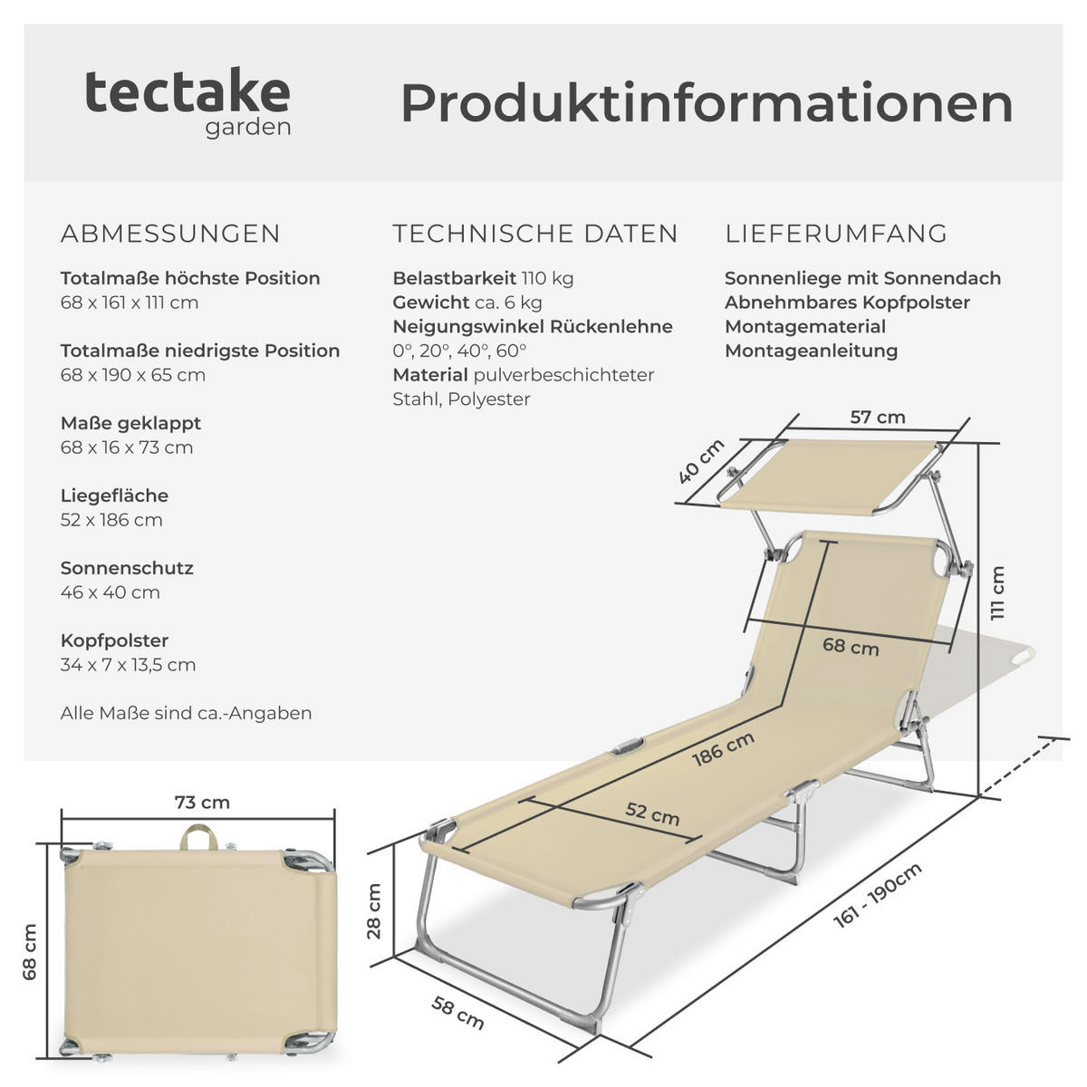 GARTENLIEGE Chloé,190 x 68 x 65 cm,beige - Beige, Kunststoff (68/65/190cm) - tectake