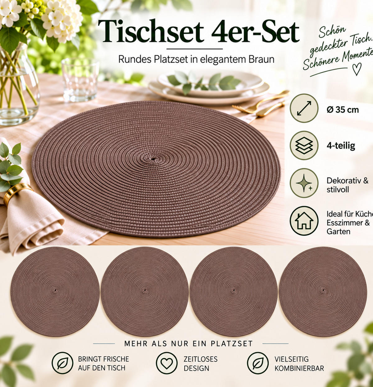 PLATZSET 4er Set Polypro Schoko 35 cm rund - Braun, Kunststoff (35cm) - TiborTex