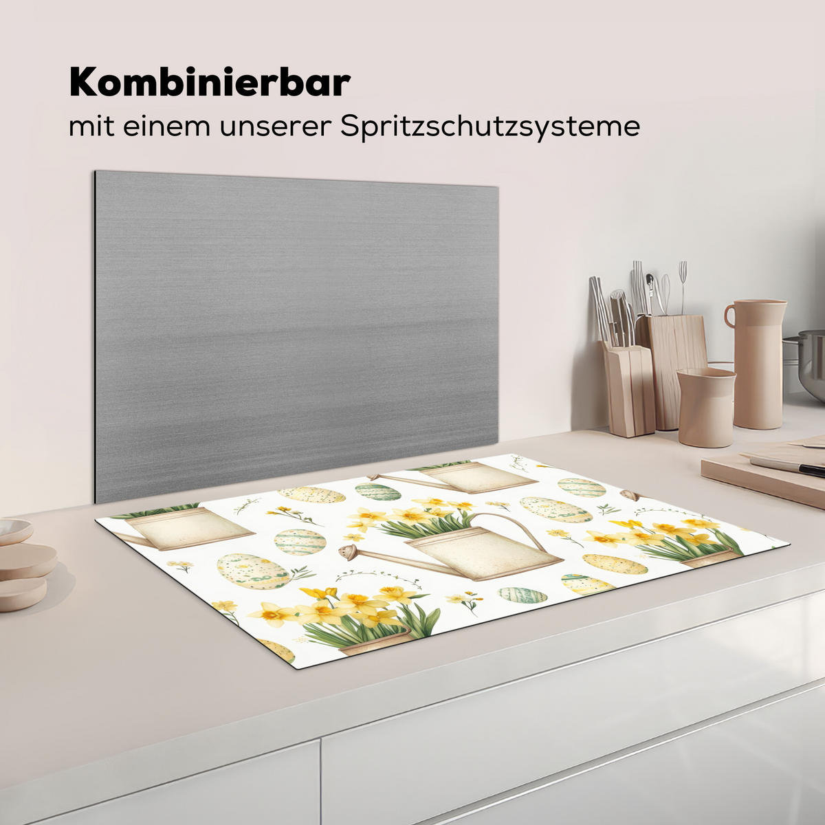 HERDABDECKPLATTE Gießkanne - Blumen - Eier Ceranfeldabdeckung 80x52 cm - Weiß, Kunststoff (80/52/0.2cm) - MuchoWow