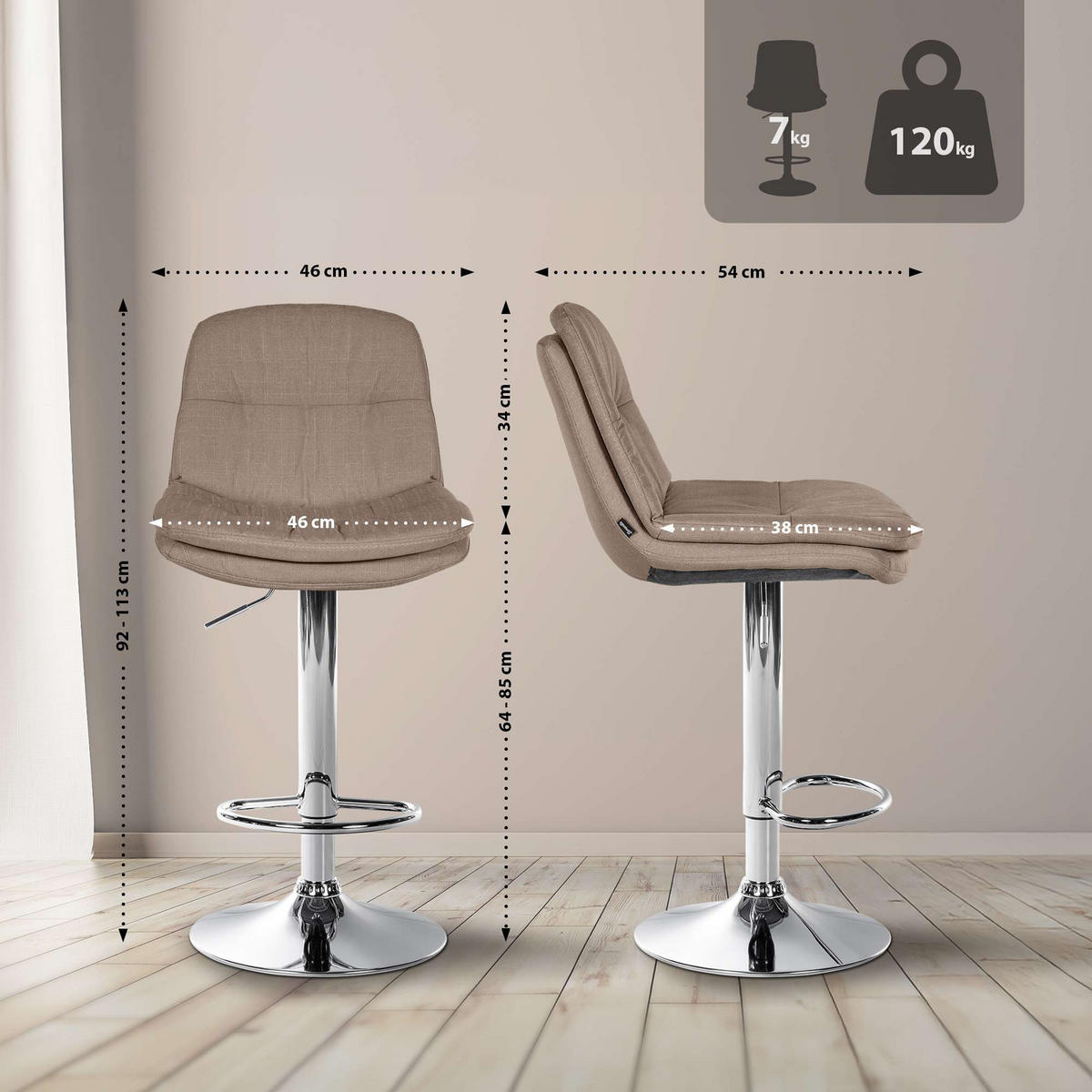 BARHOCKER Laura Stoff chrom taupe - Taupe/Chromfarben, Textil/Metall (46/113/54cm) - TPFLiving