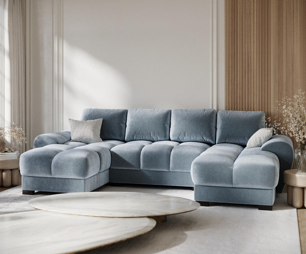 WOHNLANDSCHAFT Peebles Blau Samtstoff - Blau/Schwarz, Holz/Holzwerkstoff (330/90/175cm) - Maison de Reve