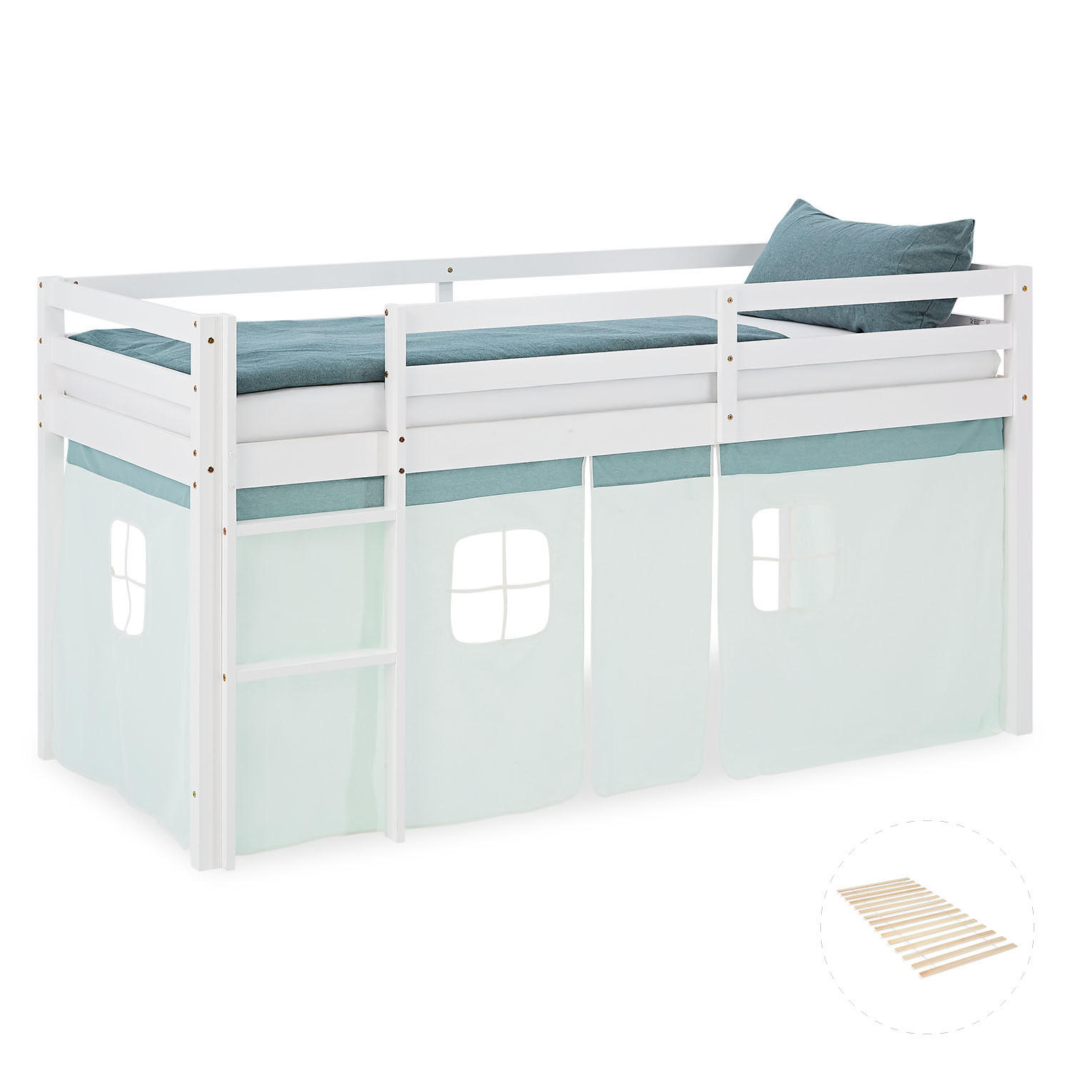HOCHBETT 90/200 cm in weiß mit Lattenrost + Bettvorhang Mint - Weiß/Mintgrün, Holz (90/200cm) - Homestyle4u
