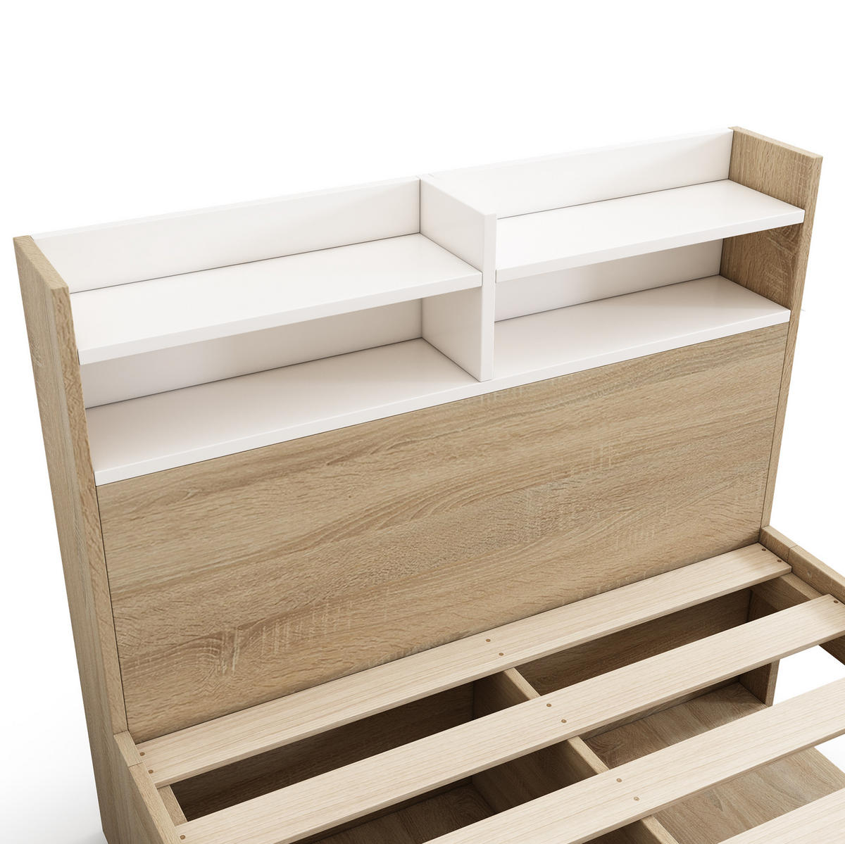 EINZELBETT 90/200 cm mit Kopfteil-Ablage, 2 Schubladen und offenen Fächern aus Holz, Weiß/Eiche - Weiß, Holzwerkstoff (90/200cm) - Redom