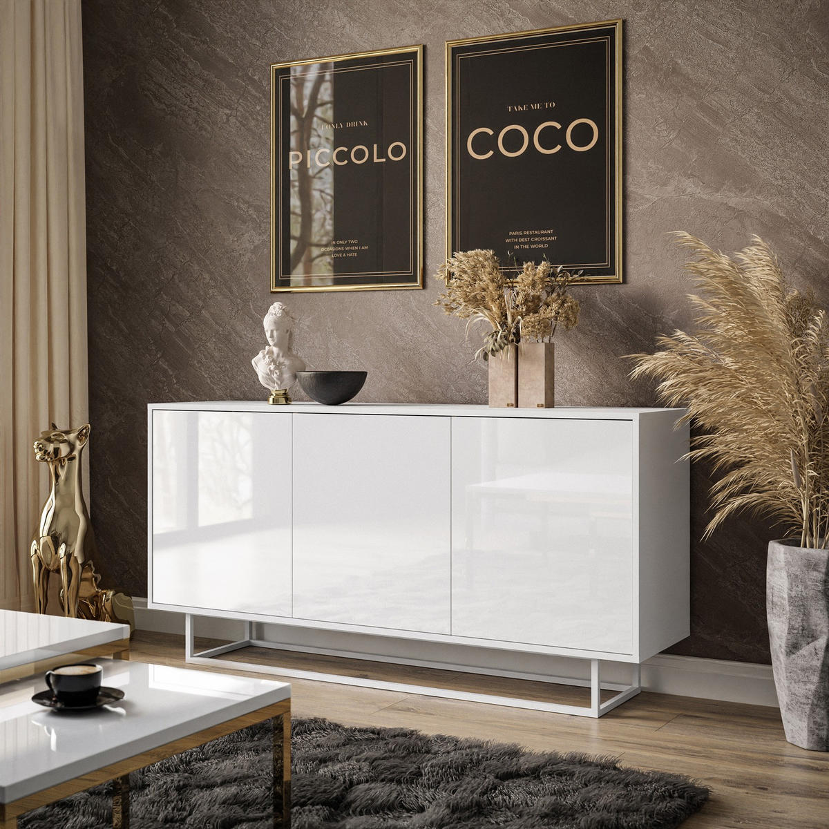 SIDEBOARD SANAYI auf weißem Gestell, Hochglanz Weiß - Weiß Hochglanz/Weiß, Holzwerkstoff (154/75/40cm) - Lookway